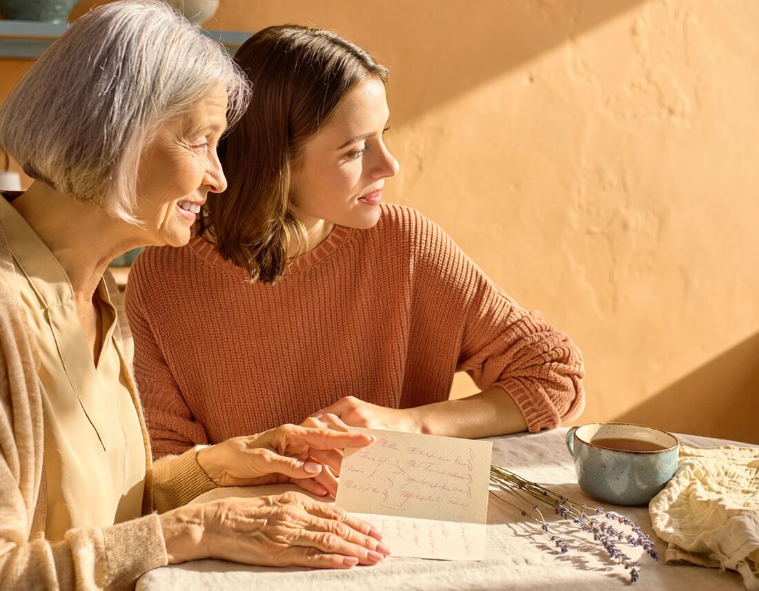 A grandmother and her daughter reading a handwritten card together at a sunlit kitchen table