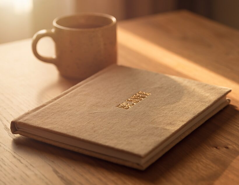 A closed linen-bound photo book resting on a warm wooden table beside a mug of tea